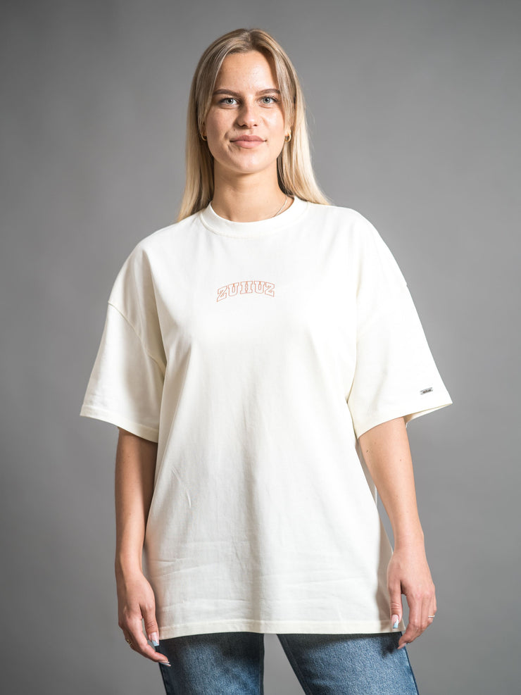 zuhuz clothing oversize shirt in cream with zuhuz orange print
